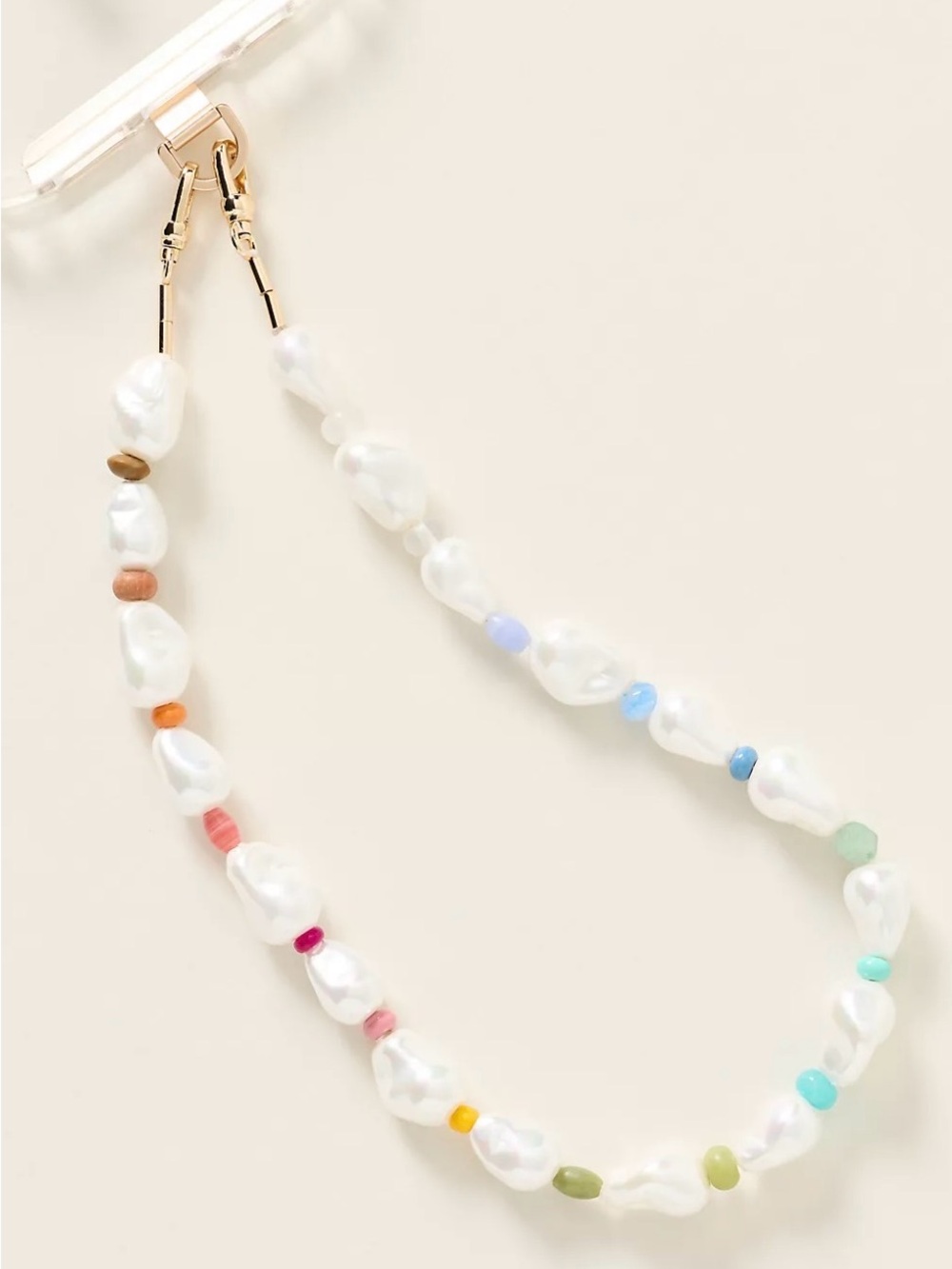 Anthropologie Gold and Pearl Multicolor Bead Phone Charm